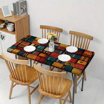 1pc Rectangular Tablecloth, Bohemian Vintage Colorblock Woodgrain Art Design, Suitable For Daily Home, Living Room, Dining Room, Theme Parties, Indoor/Outdoor Use, Stain-Resistant & Durable Polyester Tablecloth