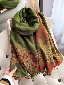 1件佩斯利提花羊绒质感披肩围巾，柔软顺滑，双面流苏披肩，适合日常、晚宴、旅行、办公、婚礼和送礼。 - 彩色 - 查看 5