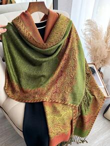 1件佩斯利提花羊绒质感披肩围巾，柔软顺滑，双面流苏披肩，适合日常、晚宴、旅行、办公、婚礼和送礼。 - 彩色 - 查看 8