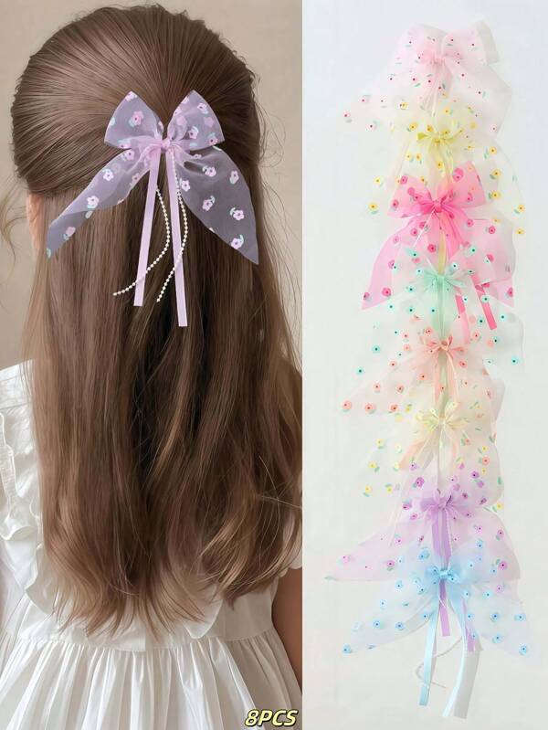 8pcs/Set Girls' Sweet Cute Versatile Fresh Hair Clips/Pins, Contrasting Color Net Ribbon Bow Floral Print Claws
