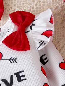 Bộ 3 áo thun tay lỡ in hình trái tim và chữ tình yêu cho bé gái và váy thun co giãn nhiều lớp trang trí nơ - Đỏ - Xem 6