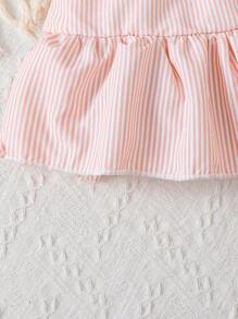 2pcs Baby Girls Casual Cap Sleeve Striped Panel Shirt With Bowknot Skirt Outfits, Including Headband