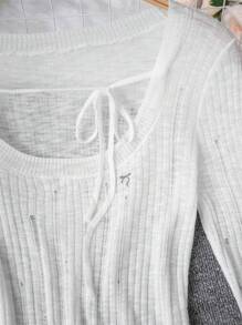Apricot Oversized Crew Neck Slim Fit Ripped Knitted Top With Shoulder Cut-Outs, Tie Bow Design, Long Sleeve Cover Up Shawl Jacket For Women, Sun Protection