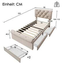 (=111297AAN) Single Upholstered Bed 90x200cm, Bed Frame With 2 Drawers And Height-Adjustable Headboard, Chesterfield Functional Bed, Natural, With Mattress - Natural + Metal & Wood + 90cm*200cm - View 2