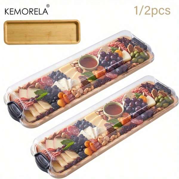 KEMORELA KEMORELA 1/2 pièces Planche à découper en bambou avec couvercle verrouillable - Construction rectangulaire pour charcuterie, encas, fromage et service - Comprend un compartiment unique, un couvercle transparent pour la fraîcheur