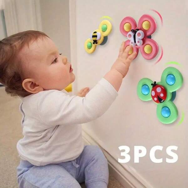 Rotating Cartoon Insect & Flower Suction Cup Spinning Top Toys, Rotating Suction Cup Spinning Toy For Babies