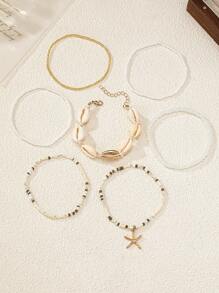 1 Set Nuevo Pulsera bohemia de conchas marinas y cuentas para mujeres, diseño de estrella de mar adecuado para la playa, vacaciones y uso casual