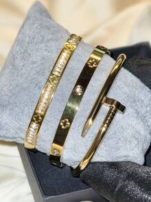 4pcs Luxury Stainless Steel Rhinestone Clover & Star Bangle Bracelet Set, Vintage Elegant Jewelry Suit For Women, Suitable For Daily Wear, Gift, Party, Fashionable Christmas Present - Gold - View 5