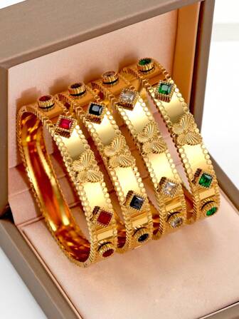 New Designed 18k Gold Plated Stainless Steel Butterfly Bangle, Suitable For Daily Wear, Boho Chic Style, Inlaid With Colorful Cubic Zirconia, Generous Personalized Luxurious Gold Jewelry, Wedding Wrist Jewelry Set, Gift For Girl, Woman, Mom, Relative, Friend, Beautiful Wedding, Birthday, Mother's Day, Girlfriend, Valentine's Day