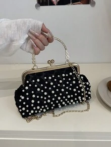 Fashion Pearl Flower Pattern Handbag, Elegant Tote Bag For Party And Shopping, Pattern Placement Random - Black - View 2