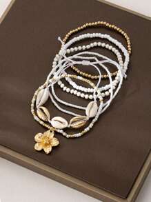 7pcs/Set Bohemian Beach Style Seashell Beaded Flower Anklet Set For Women