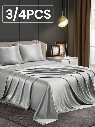 3/4pcs Satin Fitted Sheet Set, Bedding Set, Bed Sheets, Solid Color Bed Sheet Set, Gary Bedding Set, Mattress Cover Set, Skin-Friendly Bed Cover Set,  Soft And Comfortable Bedding, 1pc Flat Sheet, 1pc Fitted Sheet With 1/2pcs Pillowcase, Deep Pocket, For Single/Twin/Full/Queen/King Bed Sizes, Luxury Bedding, Machine Washable, Cool Touch For Sleeping, Perfect Valentine's Day Gift, Valentine's Day, Valentine's Gift