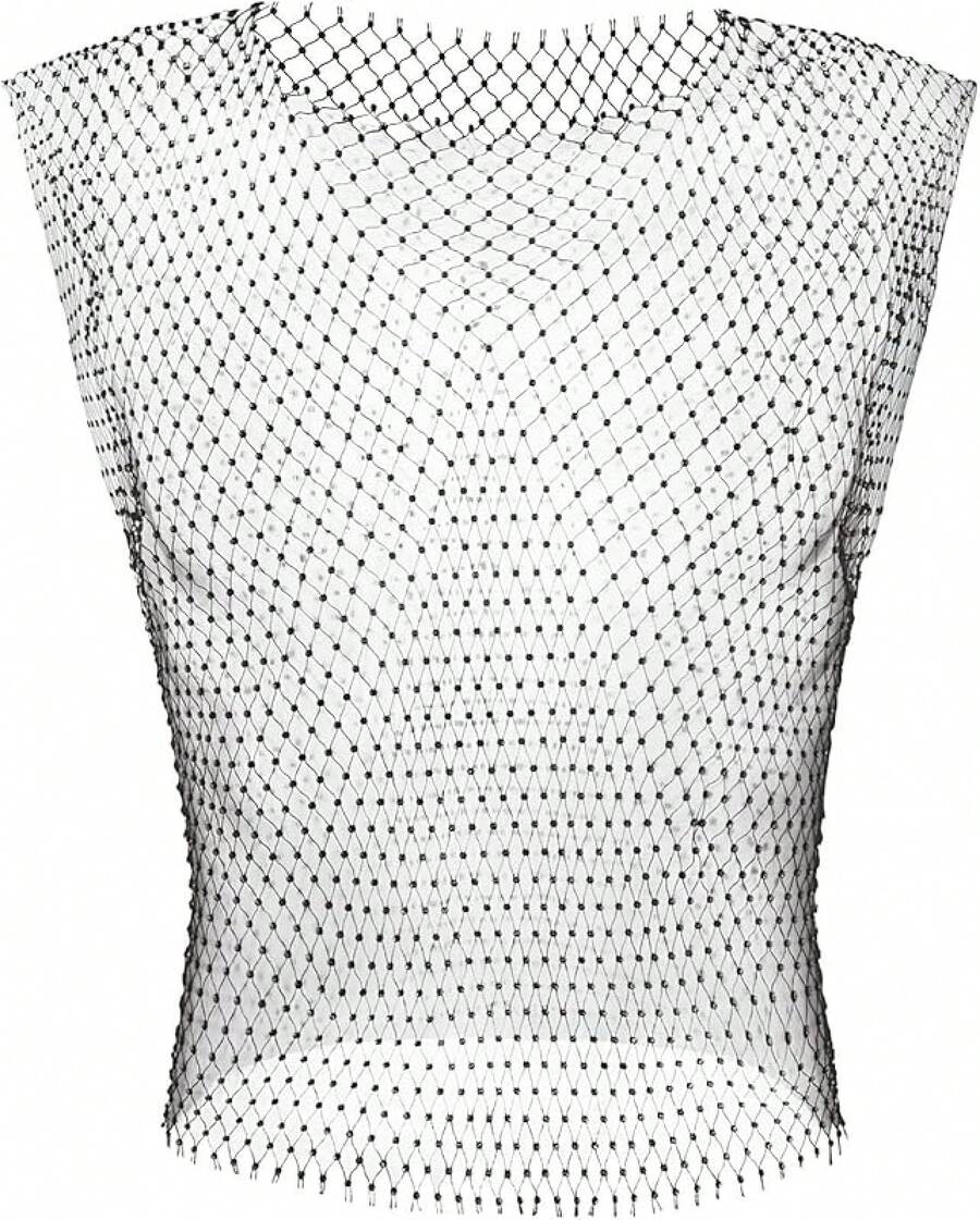 Men's Rave Outfit Sheer Rhinestone Top Sleeveless Tanks Crop Top Fishnet Vest Music Festival Shirthalloween - Black-top - View 1