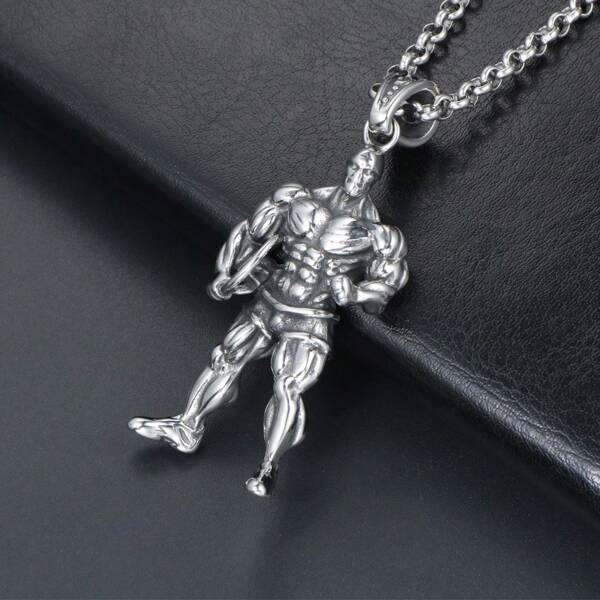 1pc Stainless Steel Non-Fading European & American Muscular Fitness Men's Necklace, Good Luck Pendant & Five-Star Tire Sporty Charm