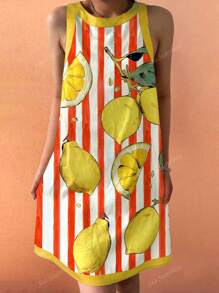 Vestido sin mangas con estampado de hojas de limón en conflicto, estilo boho, casual, de verano, para vacaciones, cómodo, para mujer, para salir a brunch