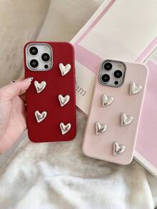 1pc Fashion Vegan Leather Phone Case With Prominent 5 Metal Heart Pattern, Compatible With IPhone 16/15/14/13/12, Redmi, Honor, OPPO, Realme, - Pink - View 4