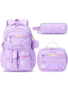 3pc Backpack For Girls, Waterproof Kids Backpack With Lunch Box & Pencil Case Set, Bookbag School Bag, School Supplies For Kids Kindergarten Middle High School Students, Back To School Gift For Daughter Granddaughter Niece Sister Friend - 紫色 - 查看 1