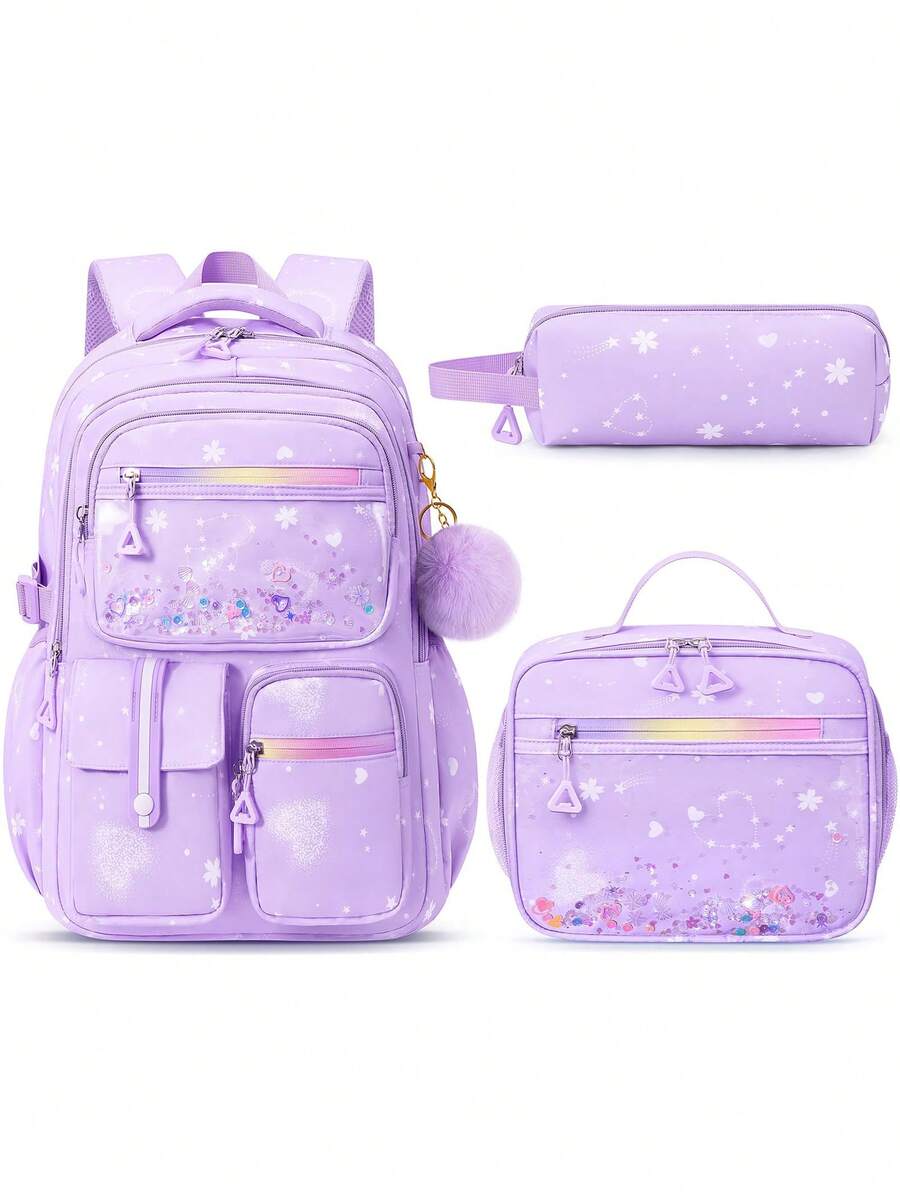 3pc Backpack For Girls, Waterproof Kids Backpack With Lunch Box & Pencil Case Set, Bookbag School Bag, School Supplies For Kids Kindergarten Middle High School Students, Back To School Gift For Daughter Granddaughter Niece Sister Friend - 紫色 - 查看 1