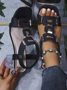 女士透明铆钉装饰高跟方头凉鞋，哥特风格波西米亚风优雅精致时尚休闲夜总会面料荷叶边考究办公室家居户外婚礼派对夏季 - 黑色 - 查看 1