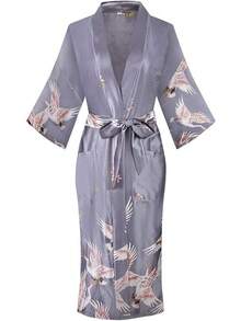 DandyChic Women's Long Floral Satin Robes Imitation Silk Sleepwear Bridal Dressing Gown For Bridesmaid Nightgownhalloween - Bạc/Sếu - Xem 1