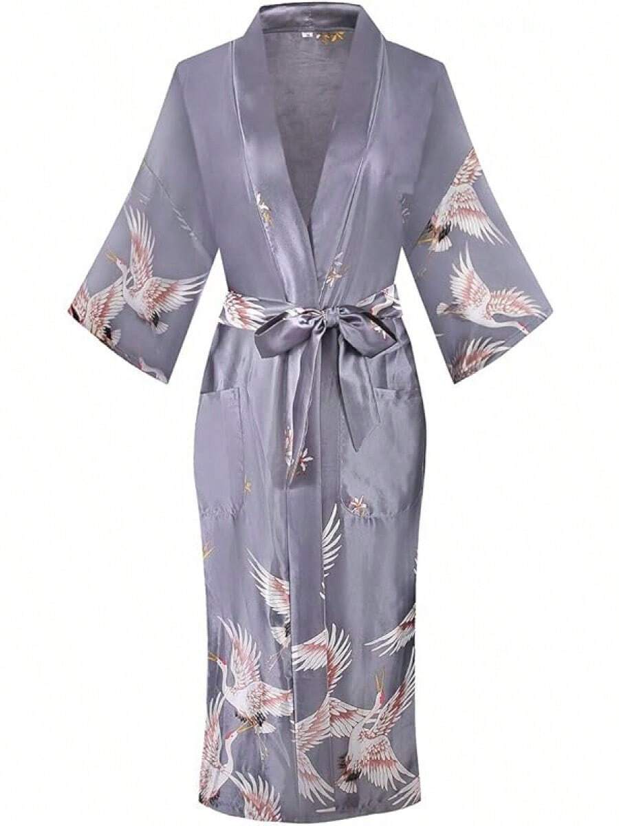 DandyChic Women's Long Floral Satin Robes Imitation Silk Sleepwear Bridal Dressing Gown For Bridesmaid Nightgownhalloween - Bạc/Sếu - Xem 1