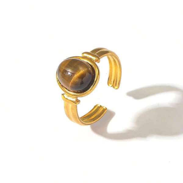 1Pc Fashionable Women's Elegant, Retro And Light Luxury Style Brown Egg-Shaped StainlessSteel Ring With An Opening Is A Versatile Daily Wear That Is Perfect As A Wedding Ring