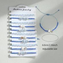 12 Peças/Conjunto Estilo Boho Pulseira Ajustável Conjunto de Conchas com Contas Azul Oceano e Pedras Naturais para Mulheres, Férias e Festa