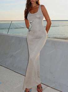 Yuwenier Elegant Sequin Embellished Seethrough Square Neck Sleeveless Knitted Bodycon Dress For Summer Beach Vacation Long Sundress For Women