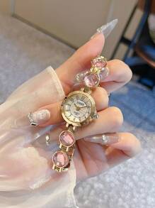 1pc Ladies' Colored Rhinestone Strap Watch, Women Fashion Elegant Gold Color Bracelet Watch Style, Daily Use