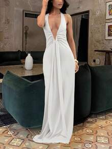 Women's Elegant Deep V-Neck Hollow Pleated Dress - Halter Neck Fitted Style, Suitable For Christmas Parties, New Year's Eve, Wedding Guests And Formal Occasions White Summer Party - White - View 5