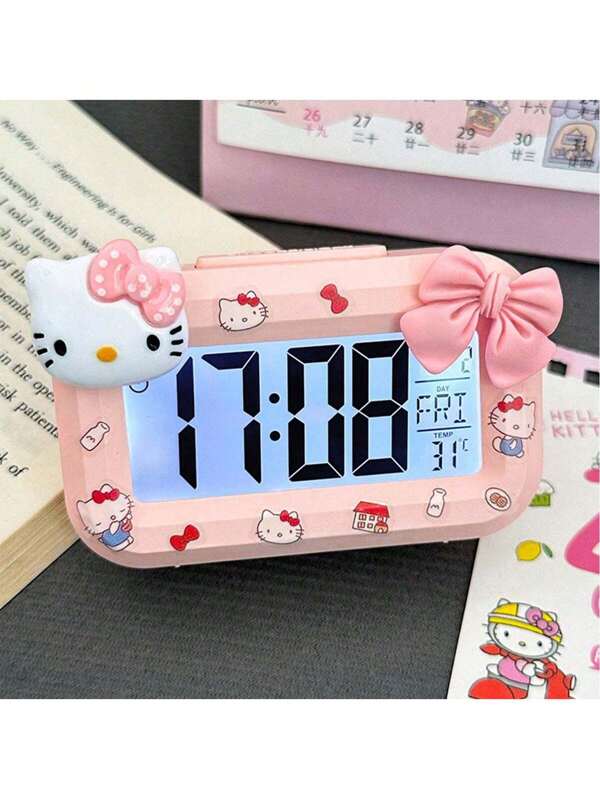 Sanrio 1 pièce Mini veilleuse DIY Hello chat, réveil de chevet, minuterie mignonne, multifonctionnel, portable, de dortoir, horloge de table compacte, cadeau, bon article, article essentiel de festival (style aléatoire) (pile non incluse) (certaines pièces peuvent être aléatoires)