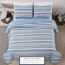 3 Piece Reversible Quilt Set With Shams | All-Season Soft & Lightweight Bedspread With Modern Striped Pattern | Sofia Collection - Xanh lam / Xám - Xem 3