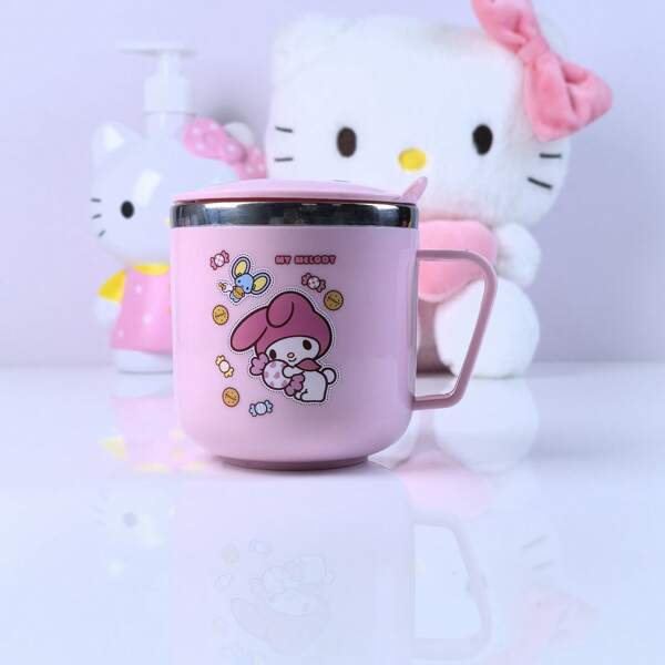 Sanrio Taza de agua de doble capa de acero inoxidable con diseño de Kuromi, con tapa y asa