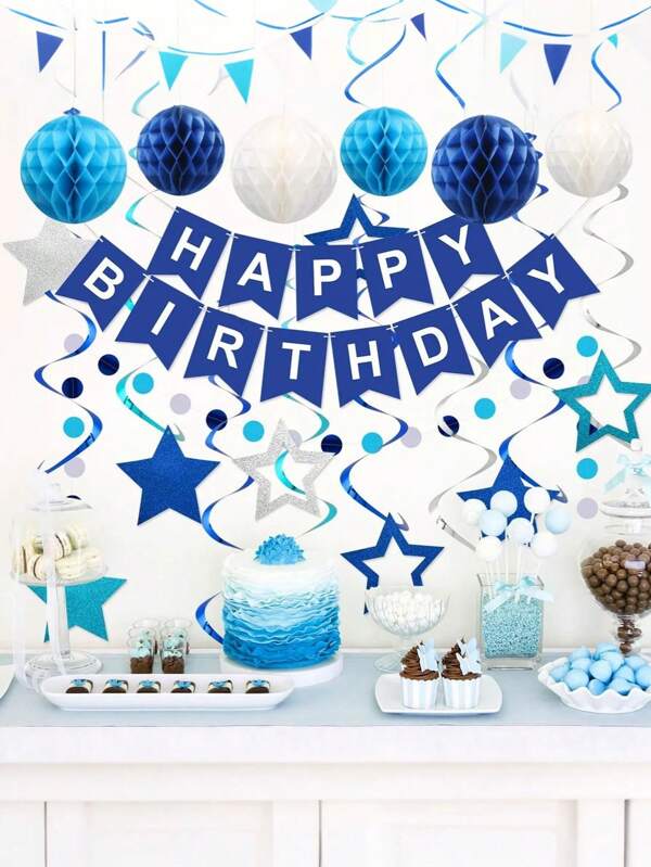 Birthday Decoration, Blue Theme Happy Birthday Banner With Honeycomb Balls, Star Hanging Swirls Ribbon, Polka Dot Garland, Happy Birthday Party Decoration For Women Men (Blue)