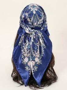 1 Khăn trùm đầu/Bandana họa tiết hoa cỏ satin hình học thời trang dành cho nữ - màu đen - Xem 3
