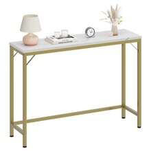 Konsolentisch Gold, Beistelltisch, Oberfläche aus Marmoriertes Muster, Sofatisch, Flurtisch, Ausstellungstisch Gold für Wohnzimmer, Flur, Schlafzimmer, Metallrahmen, Verstellbare Füße, 100x80x23CM