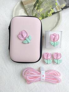 6pcs Pink Tulip Pattern Data Cable Protector + Storage Pouch, Apple Charger Protector & Cable Organizer, Halloween Gift For Summer Holiday Travel, Outdoor Activities Travel Essentials - Tulip - View 3