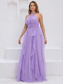 Long Party Dress For Wedding, Bridesmaid, Graduation In Plain Tulle With Cascade Skirt - 紫丁香色 - 查看 2