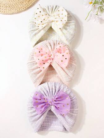 3 件套铝箔蝴蝶结婴儿帽，柔软弹性可爱婴幼儿帽，适合 0-2 岁