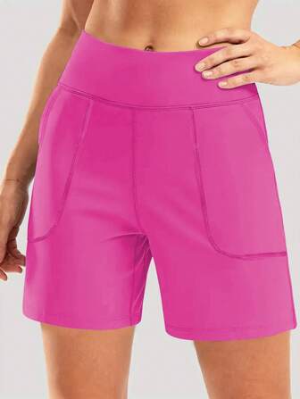 女士加大码纯色高腰宽松瑜伽短裤，休闲日常短裤带口袋，适合户外骑行和训练，春夏季