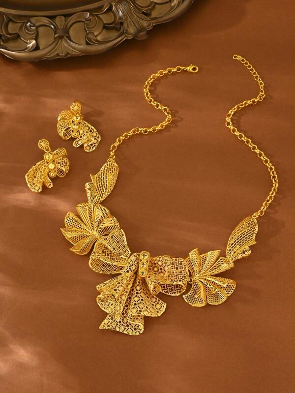 2-Piece Dubai Style 24K Gold-Plated Jewelry Set For Women: Necklace And Earrings