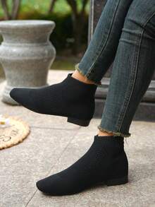 秋冬/春秋女式踝靴，时尚方头靴，舒适透气弹力袜靴，女式靴子 - 黑色 - 查看 6