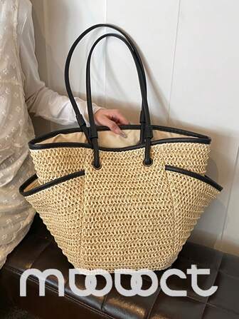 1pc MDODO Contrasting Color Woven Tote Bag, Women Fashion Minimalist Large Capacity Handbag, Dual Handle Shoulder Strap Design, Zipper Closure, Suitable For Office, School, Work, Business, Commuting, Outdoor, Travel