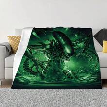 [恐怖怪物艺术毯] 1 件恐怖外星怪物艺术印花柔软毯子，适合所有季节的舒适羊毛盖毯 - 墨綠色 - 查看 8