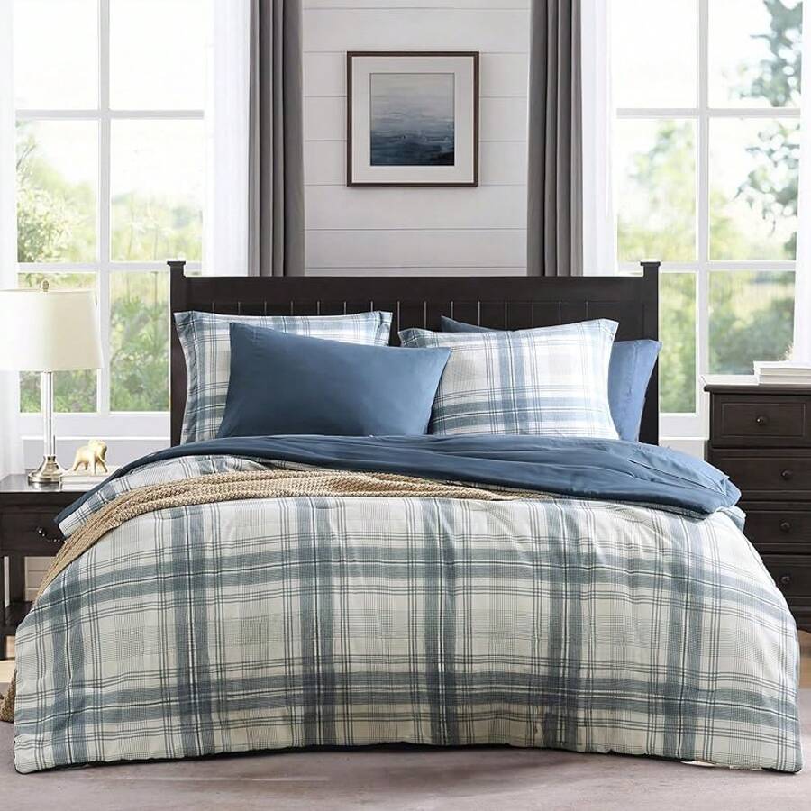 King Comforter Set, Classic Red Black Plaid-Piece Bedding Set, Farmhouse Lightweight All-Season Bed In A Bag With Sheets, Pillowcases & Shams, Home Decor - 藍灰色 - 查看 1