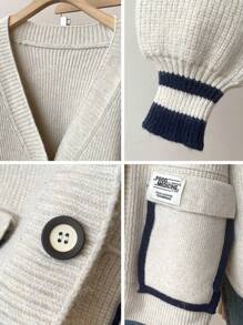JIANHU Spring New Contrast Stitching Pocket Design Loose Knitted Cardigan Coat Simple Casual Versatile Women's Sweater