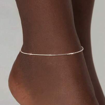 1 件 925 纯银简约蛇骨链脚链，时尚海滩度假配饰，夏季女士防过敏脚链