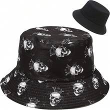 Unisex Reversible Bucket Hat For Beach And Fishing - Skull Black - View 1