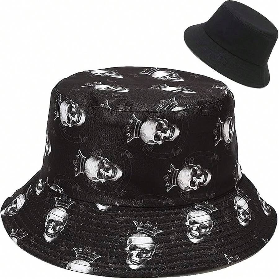 Unisex Reversible Bucket Hat For Beach And Fishing - Skull Black - View 1