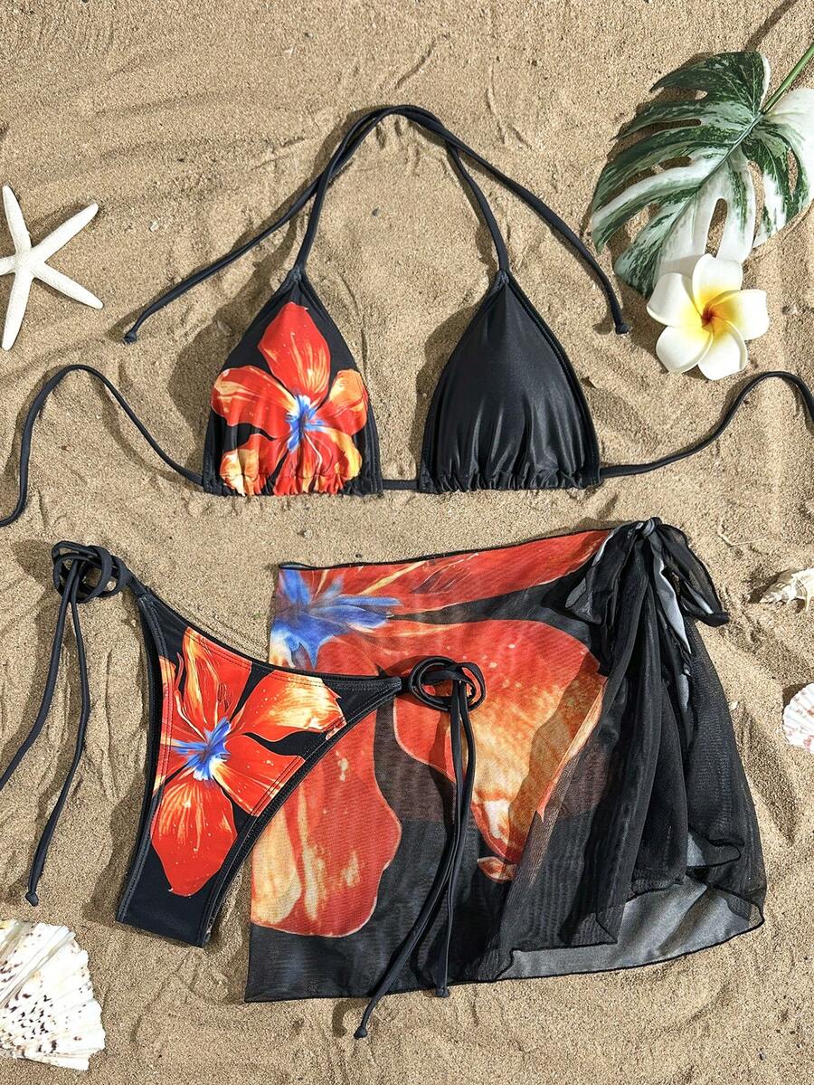 3pcs/Set Women Ombre Tropical Floral Print Bikini Set, Including Adjustable Bikini Top, Tie Side Bottom Shorts, And Cover Up Skirt With Anti-Exposure Design, Suitable For Beach And Party - Black and Red - View 1